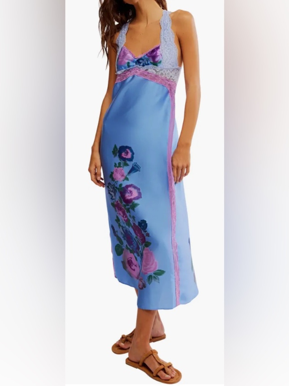 Free People Periwinkle Blue and Orchid Pink Floral Lace-Trim/Satin Slip Dress: M - Picture 4 of 10